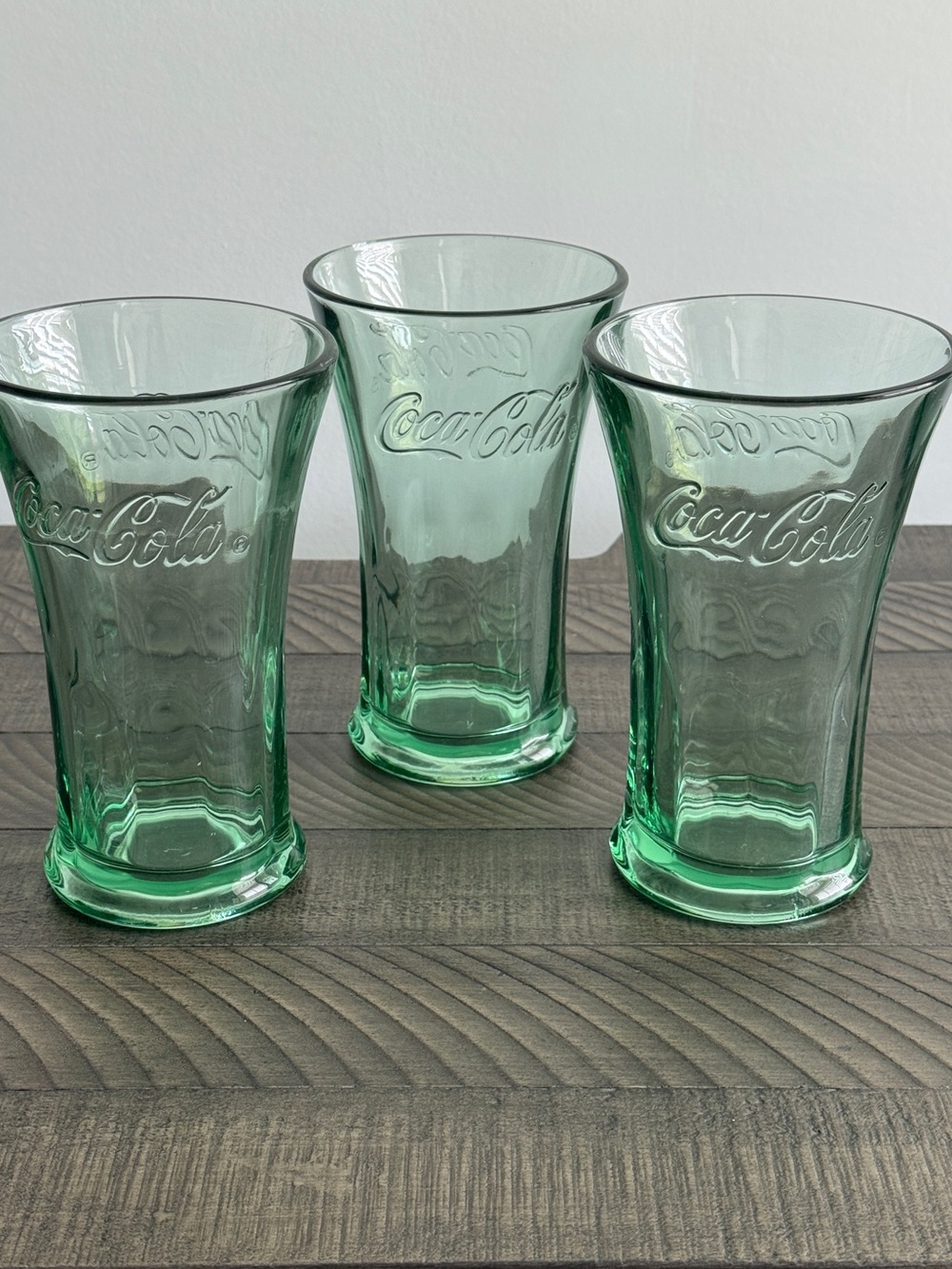 Vintage Coca Cola Coke Glasses Green Flared Tumbler Heavy 16 Oz Set of 3